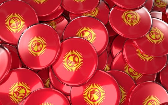 Kyrgyzstan Badges Background - Pile of Kyrgyzstani Flag Buttons. 3D Rendering