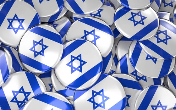 Israel Badges Background - Pile of Israeli Flag Buttons. 3D Rendering