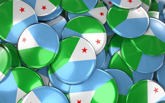 Djibouti Badges Background - Pile of Djiboutian Flag Buttons. 3D Rendering
