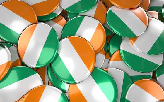 Ivory Coast Badges Background - Pile of Ivory Coast Flag Buttons. 3D Rendering
