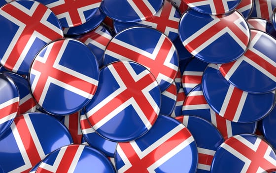 Iceland Badges Background - Pile of Icelandic Flag Buttons. 3D Rendering