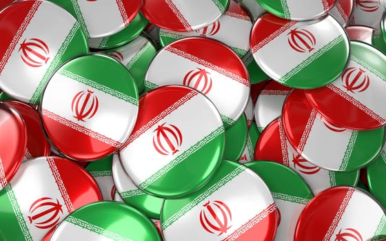 Iran Badges Background - Pile of Iranian Flag Buttons. 3D Rendering