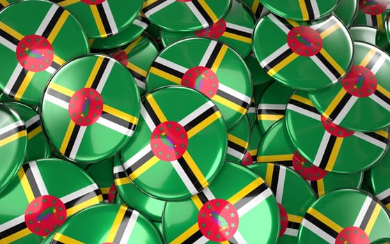 Dominica Badges Background - Pile of Dominican Flag Buttons. 3D Rendering