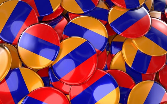 Armenia Badges Background - Pile of Armenian Flag Buttons. 3D Rendering