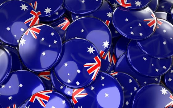 Australia Badges Background - Pile of Australian Flag Buttons. 3D Rendering