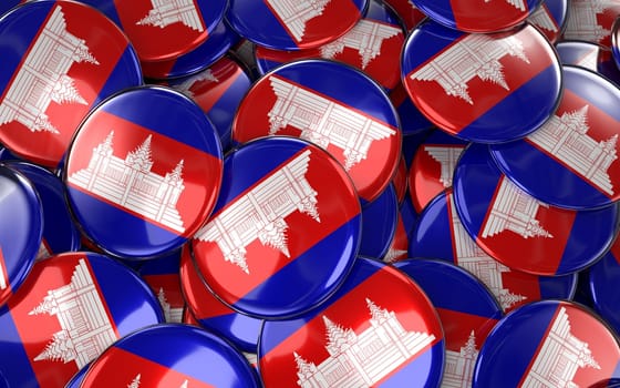 Cambodia Badges Background - Pile of Cambodian Flag Buttons. 3D Rendering