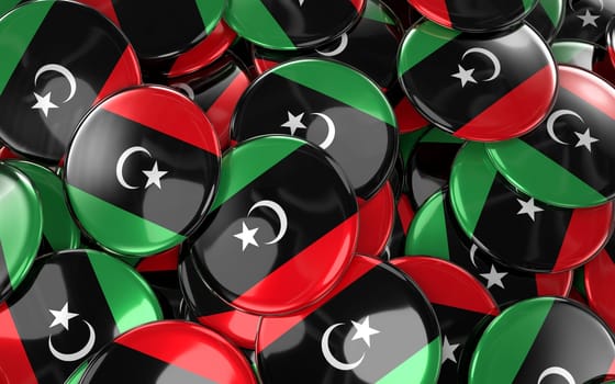 Libya Badges Background - Pile of Libyan Flag Buttons. 3D Rendering