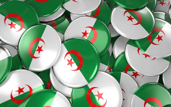 Algeria Badges Background - Pile of Algerian Flag Buttons. 3D Rendering