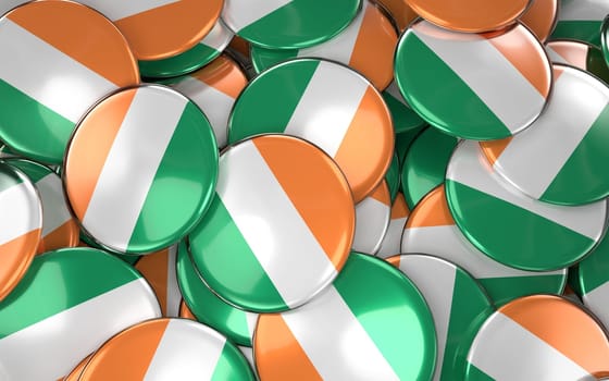 Ireland Badges Background - Pile of Irish Flag Buttons. 3D Rendering