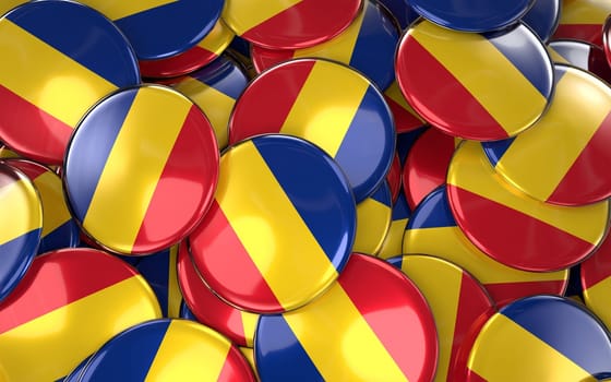 Romania Badges Background - Pile of Romanian Flag Buttons. 3D Rendering