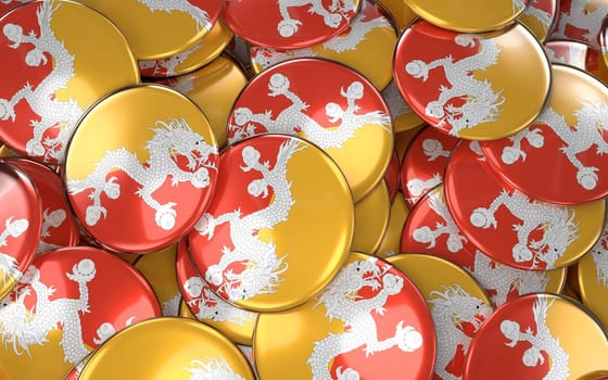 Bhutan Badges Background - Pile of Bhutanese Flag Buttons. 3D Rendering