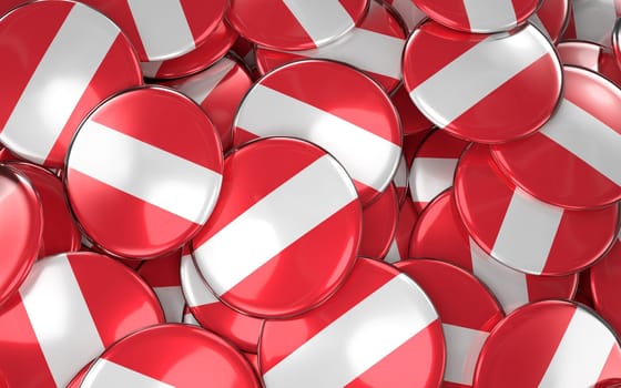 Austria Badges Background - Pile of Austrian Flag Buttons. 3D rendering