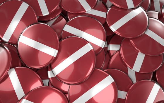 Latvia Badges Background - Pile of Latvian Flag Buttons. 3D Rendering