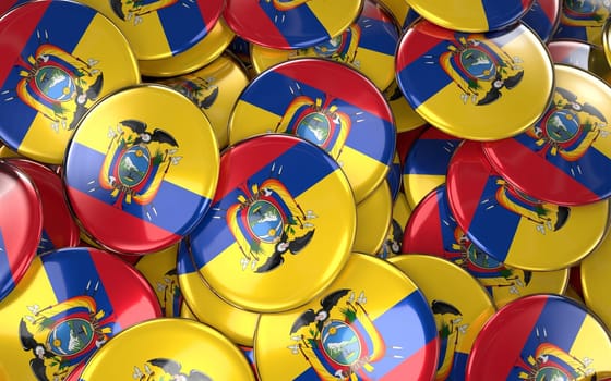 Ecuador Badges Background - Pile of Ecuadorian Flag Buttons. 3D Rendering