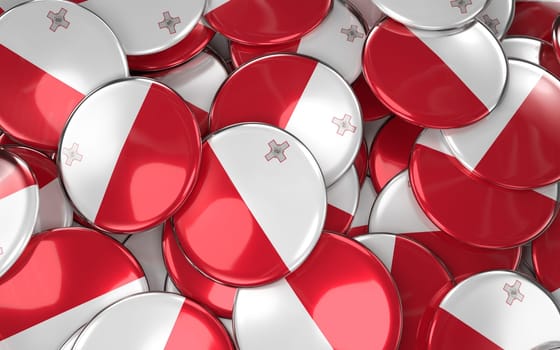 Malta Badges Background - Pile of Maltese Flag Buttons. 3D Rendering