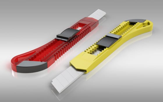 Plastic knives for the paper on a light background. 3D rendering