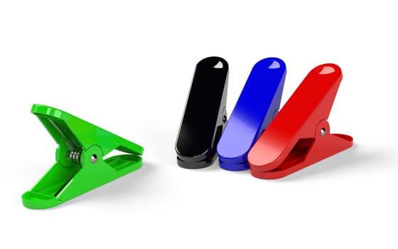 Several clippers of different colours placed on the white background. 3D rendering