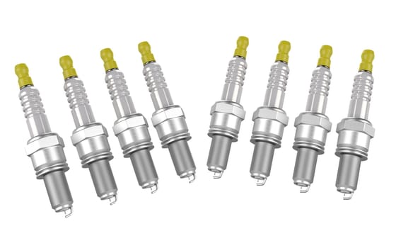 Several spark plugs on the white background. 3D rendering.