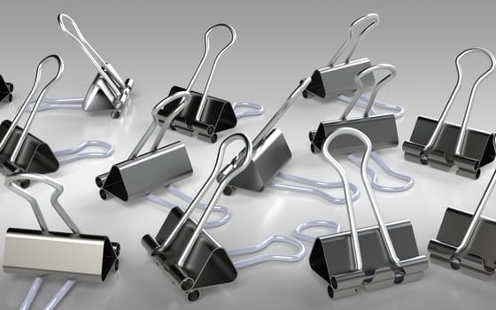 Several binder clips placed on the grey background. 3D rendering.