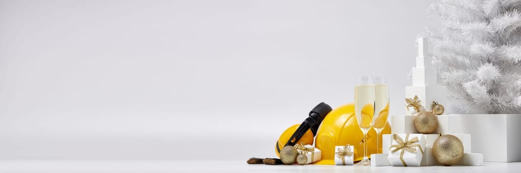 Construction protective earphones and hard hat, fir tree, flutes with champagne, gift boxes and Christmas ornament on a white background with copy space. New Year and Christmas construction