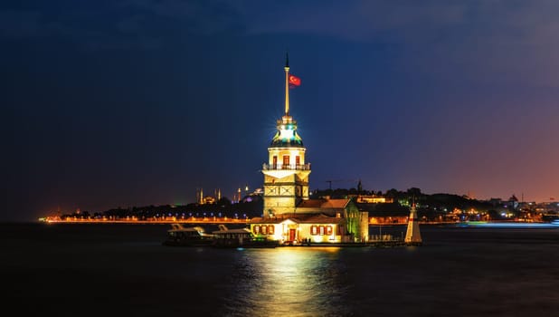 Famous Maiden's Tower in Istanbul, night lights.