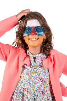 Girl with animal face-paint isolated in white