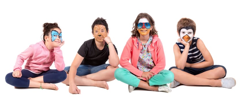 Children's group with animal face-paint isolated in white