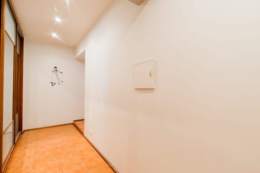 Russia, Moscow- August 01, 2019: interior room apartment. standard repair decoration in hostel. corridor, hallway, doors and mirrors