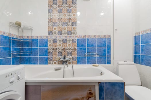 Russia, Moscow- August 01, 2019: interior room apartment. standard repair decoration in hostel. bathroom, sink, decoration elements