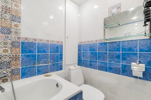 Russia, Moscow- August 01, 2019: interior room apartment. standard repair decoration in hostel. bathroom, sink, decoration elements
