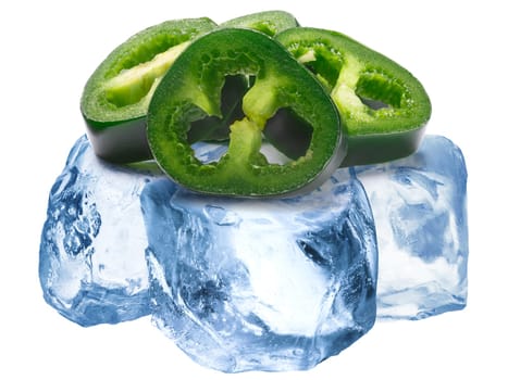 Pile of Jalapeno chile pepper ring slices freezing on roughly crushed ice