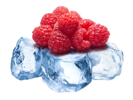 Pile of raspberries freezing on rough crushed ice