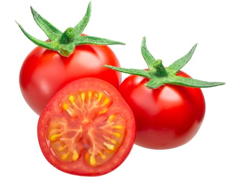 Cherry tomatoes, whole and half isolated on white