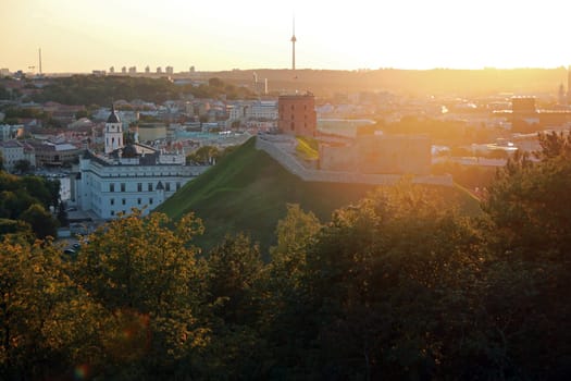 The sunset behind the castle of Vilnius