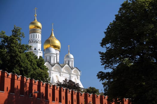 The golden domes of a church in the kremlin