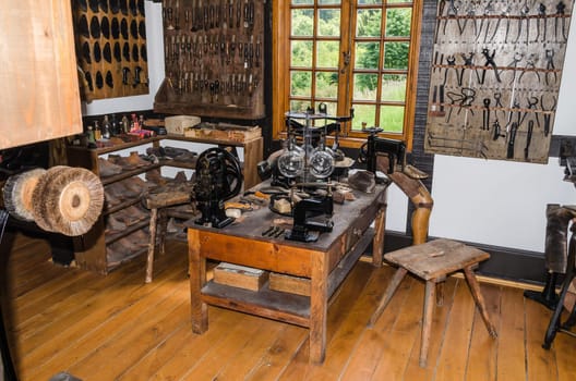 HAGEN,NRW, Germany - JULY 24, 2014:.Look into a workshop with workbench and tools of a carpenter or joiner.