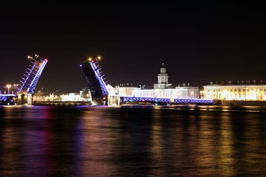 Saint Petersburg bridge opening in a summer night