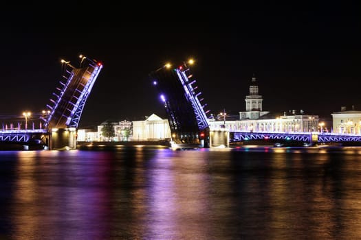 Saint Petersburg bridge opening in a summer night