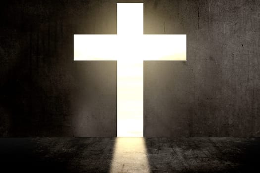 Black wall with Christian cross shape with sunlight background