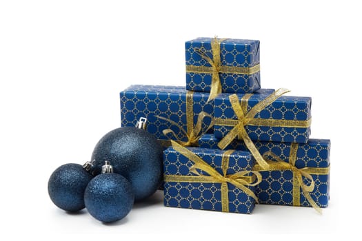Gift boxes and Christmas decoration isolated on white background. Christmas and New Year shopping. Greeting card