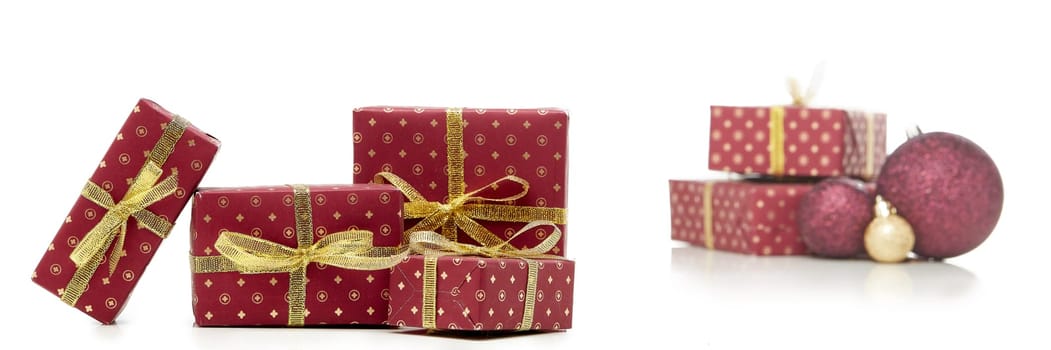 Gift boxes and Christmas decoration isolated on white background with copy space. Christmas and New Year shopping. Greeting card