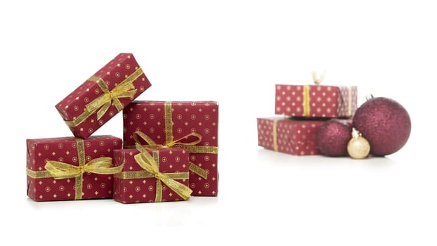 Gift boxes and Christmas decoration isolated on white background with copy space. Christmas and New Year shopping. Greeting card