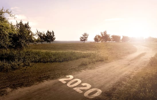 2020 on the rural road with grass field background. Happy New Year 2020