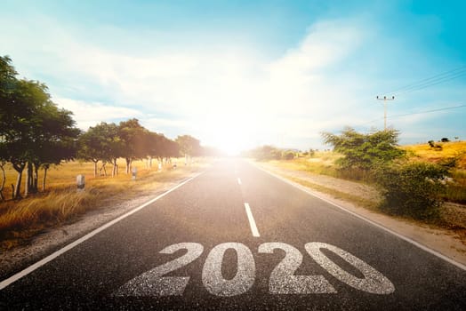 2020 on the street with sunlight background. Happy New Year 2020
