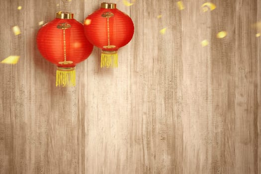 Chinese lanterns hanging with wooden wall background
