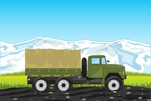 Vector illustration of the cargo car with basket ural on background of the mountains