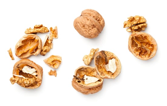 Walnuts isolated on white background. Top view, flat lay