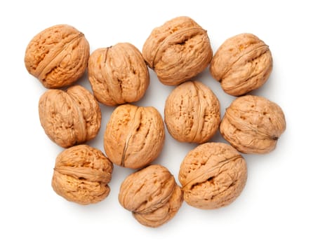Walnuts isolated on white background. Top view, flat lay