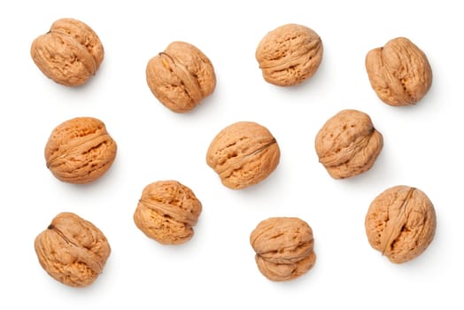 Walnuts isolated on white background. Top view, flat lay