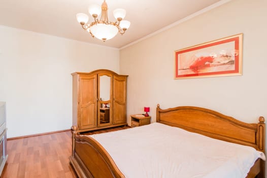 Russia, Moscow- August 01, 2019: interior room apartment. bedroom with bed